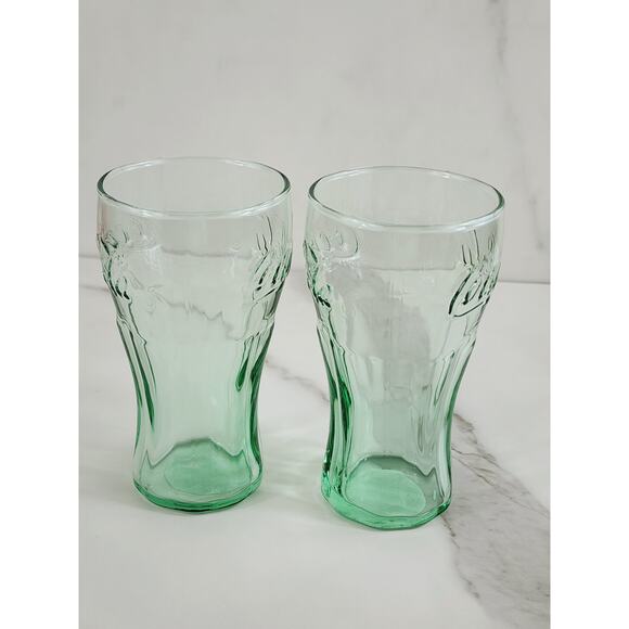 Coca Cola Coke Green Mini Glass 6.25 oz Drinking Glasses 4 1/4" Logo Embossed x2 - Picture 6 of 12